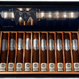 Principle Aviator Envoi cigars displayed in open wooden box with silver bands and labels, ten premium cigars arranged in rows.