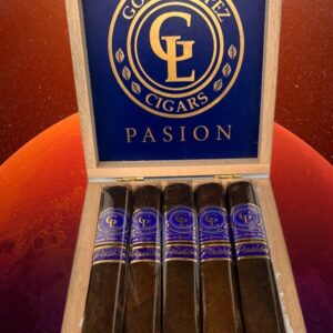 Gomez Lopez Pasion cigars in open wooden box displaying five dark cigars with blue and gold band labels