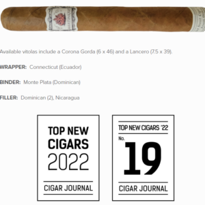Martinique Corona Gorda cigar with Connecticut wrapper, ranked No. 19 in Cigar Journal's Top New Cigars 2022.
