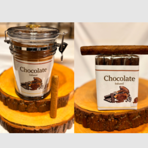 Chocolate flavor cigars displayed in glass jars on wooden coasters with cigar accessories and brown wrapping.