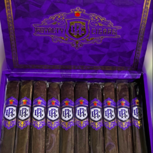 Royalty Toro Box-Pressed cigars in purple and gold presentation box with ornate logo and ten individually wrapped cigars displayed.