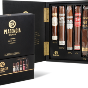 Plasencia Cigars black box set containing five assorted premium cigars with gold accents and brass hinges displayed open.