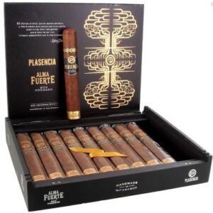 Plasencia Alma Fuerte Sixto II cigars displayed in open black box with gold tree logo and single cigar shown above.