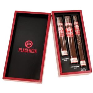 Plasencia Alma del Fuego 3-Cigar Sampler in red presentation box with cigars displayed inside