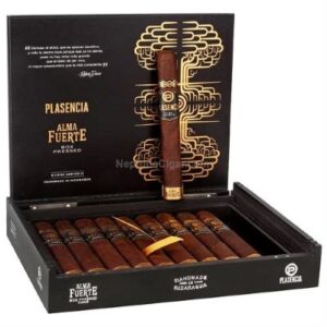 Plasencia Alma Fuerte Nestor IV Toro cigars displayed in open black wooden box with ornate gold packaging insert and individual cigars arranged in rows.
