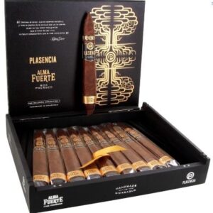 Plasencia Alma Fuerte Generacion V Salomon cigars displayed in open black wooden box with decorative gold lid.