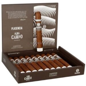 Plasencia Alma Del Campo Madroño cigars displayed in open wooden box with branded packaging and single cigar showcase.