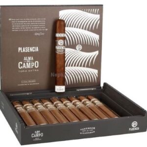 Plasencia Alma Del Campo Travesia cigars open box display showing brown cigars arranged in rows with branded packaging and single cigar sample.