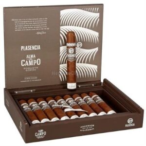 Plasencia Alma Del Campo Guajiro cigars in open wooden box display with single cigar standing upright