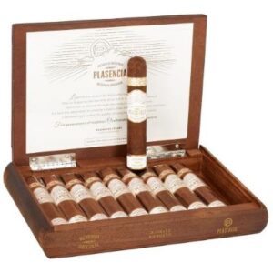 Plasencia Reserva Original Robusto cigars in open wooden box with certificate and single cigar displayed