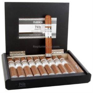 Plasencia Cosecha 146 La Vega Robusto Gordo cigars in open black display box showing ten brown cigars with white bands and product label on top.