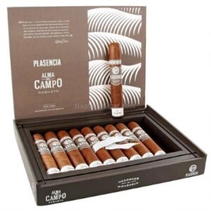 Plasencia Alma del Campo Robusto cigars in open wooden box display with branded packaging and single cigar shown above.