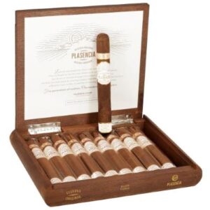 Plasencia Reserva Original Toro cigars displayed in open wooden box with one cigar standing upright and certificate of authenticity visible.