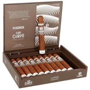 Plasencia Alma del Campo Sendero cigars in open wooden box with one cigar displayed above, showing product branding and packaging details.