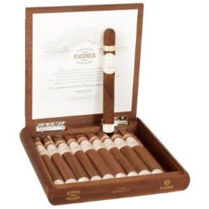 Plasencia Reserva Original Churchill cigars displayed in open wooden box with certificate and single cigar upright.