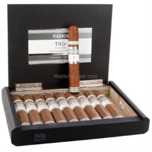 Plasencia Cosecha 146 La Musica Robusto cigars in open black display box showing ten individually wrapped cigars arranged in rows