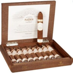 Plasencia Reserva Original Cortez cigars in open wooden box with certificate and single cigar displayed.