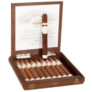 Plasencia Reserva Original Corona cigars displayed in open wooden box with certificate and single cigar shown
