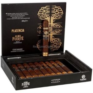 Plasencia Alma Fuerte Robustus cigars in open black box displaying product packaging and golden tree logo design