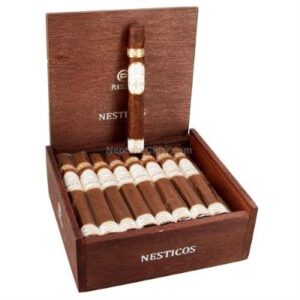 Plasencia Reserva Original Nestico cigars in open wooden box displaying brown cigars with white bands and gold accents