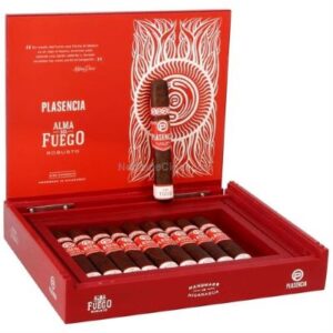 Plasencia Alma del Fuego Candente cigar box open showing red packaging and arranged cigars inside