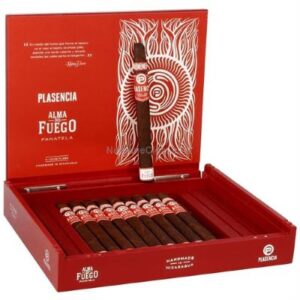 Open red cigar box displaying Plasencia Alma del Fuego Panatela cigars with decorative white artwork on lid and organized rows of cigars inside.