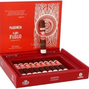 Red cigar box display with Plasencia Alma Fuego branding, featuring ornate artwork and arranged premium cigars in rows.