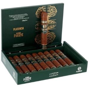 Plasencia Alma Fuerte cigars in open green box displaying multiple brown cigars with gold band labels and decorative lid design.