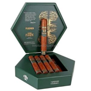 Open green hexagonal cigar box displaying Plasencia Alma Fuerte cigars with four brown cigars arranged in rows and one cigar standing upright.