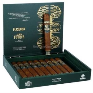 Open box of Plasencia Alma Fuerte premium cigars with tree-patterned label on dark green packaging displaying multiple brown cigars.
