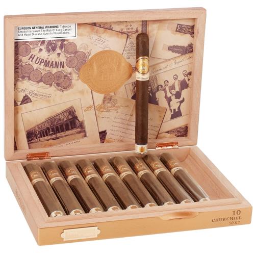 H. Upmann 180th Anniversary Limited Edition Churchill cigars in open wooden box with vintage photographs and memorabilia