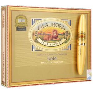 La Aurora Preferidos Corojo Gold 1903 Edition cigars box with gold tube displayed against cream background