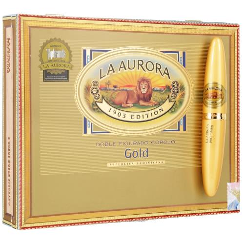 La Aurora Preferidos Corojo Gold 1903 Edition cigars box with gold tube displayed against cream background