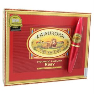 La Aurora Preferidos Maduro Ruby Tubes 5" * 54 cigar box with red packaging and gold accents displayed open with single cigar.