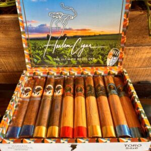 Open Harlem Cigar Variety Box displaying 10 premium cigars with colorful bands arranged in rows, featuring sunset landscape branding on lid.
