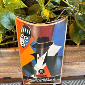 Harlem Cigar 5pk Petacas box featuring colorful art deco design with stylized figure in hat against geometric background, displayed with green plant foliage.
