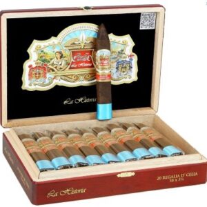EP Carrillo La Historia Regalias D'Celia cigars in open wooden box with blue bands and decorative label