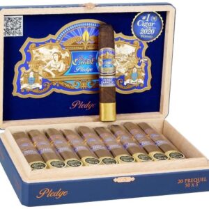 EP Carrillo Pledge Prequel cigars in open wooden box displaying 20 cigars with blue and gold packaging design and cigar band detail.