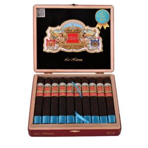 EP Carrillo La Historia premium cigars in open wooden box with blue bands, showing ornate label and 2014 award ribbon.