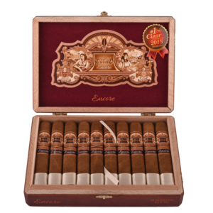 EP Carrillo Encore Majestic cigars in open wooden box with decorative copper band and #1 Cigar 2018 award seal displayed.