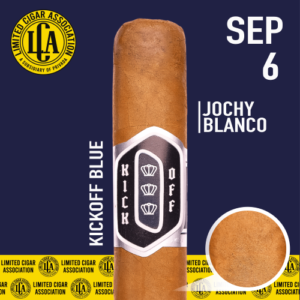 Kickoff Blue Natural cigar displayed with band showing, accompanied by LCA seals and September 6 Jochy Blanco release date on dark background.