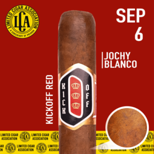 Kickoff Red Habano cigar displayed against red background with IAA logo, release date Sep 6, and close-up tobacco leaf detail.