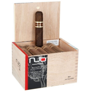Open wooden cigar box displaying NUb Maduro 460 cigars with gold bands, containing 24 dark brown hand-rolled cigars and surgeon general warning label.