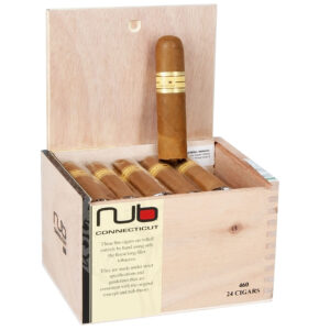NUb Connecticut 460 cigars in open wooden box displaying hand-rolled premium cigars with gold bands and tobacco leaf wrapper.