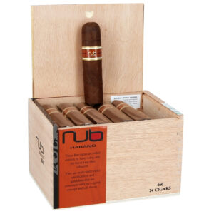 NUb Habano 460 cigars in open wooden box displaying dark brown cigars with gold bands and surgeon general warning label.