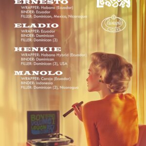 Vintage-style illustration of a woman in orange sweater holding a cigar, with Boy Band Volume 1 cigar blend information displayed on the left side.