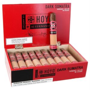 Hoyo La Amistad Dark Sumatra Espresso cigars displayed in open red box with individual cigars and one standing upright showing band.