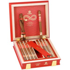 Plasencia Year of the Snake limited edition cigar box set with red exterior, displaying premium cigars and accessories inside wooden case.