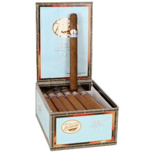 Tatiana Rum Classic Corona cigars open box displaying brown cigars with blue band labels and light blue packaging design