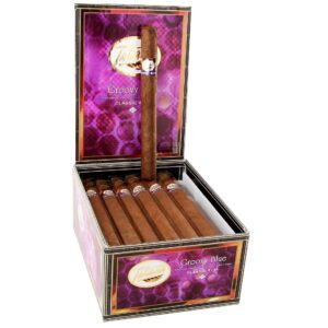 Tatiana Groovy Blue Classic Corona cigars open box display with purple gradient background and individual cigars arranged in rows